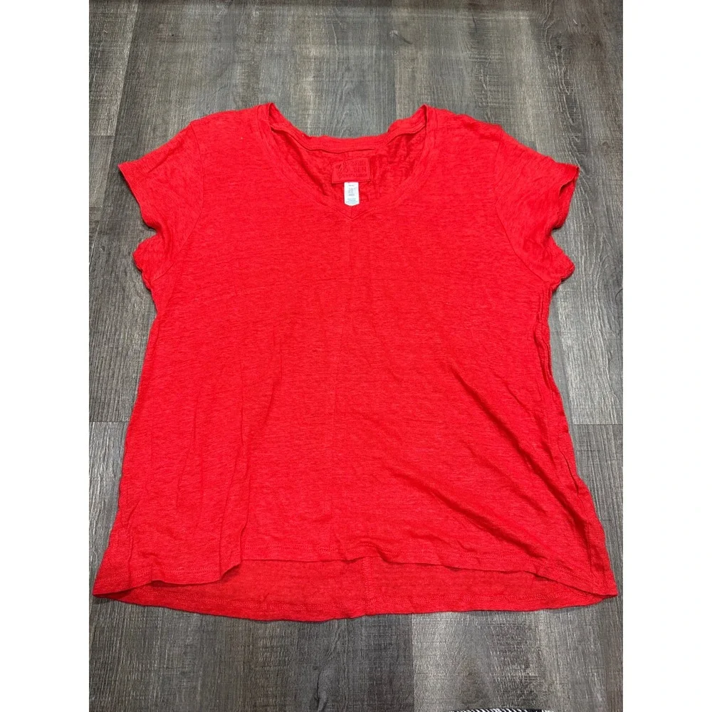 Sigrid Olsen Red 100% Linen V-Neck Short Sleeve T-Shirt Womens XL